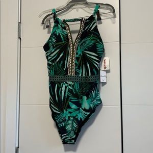 Green design one piece swimsuit
